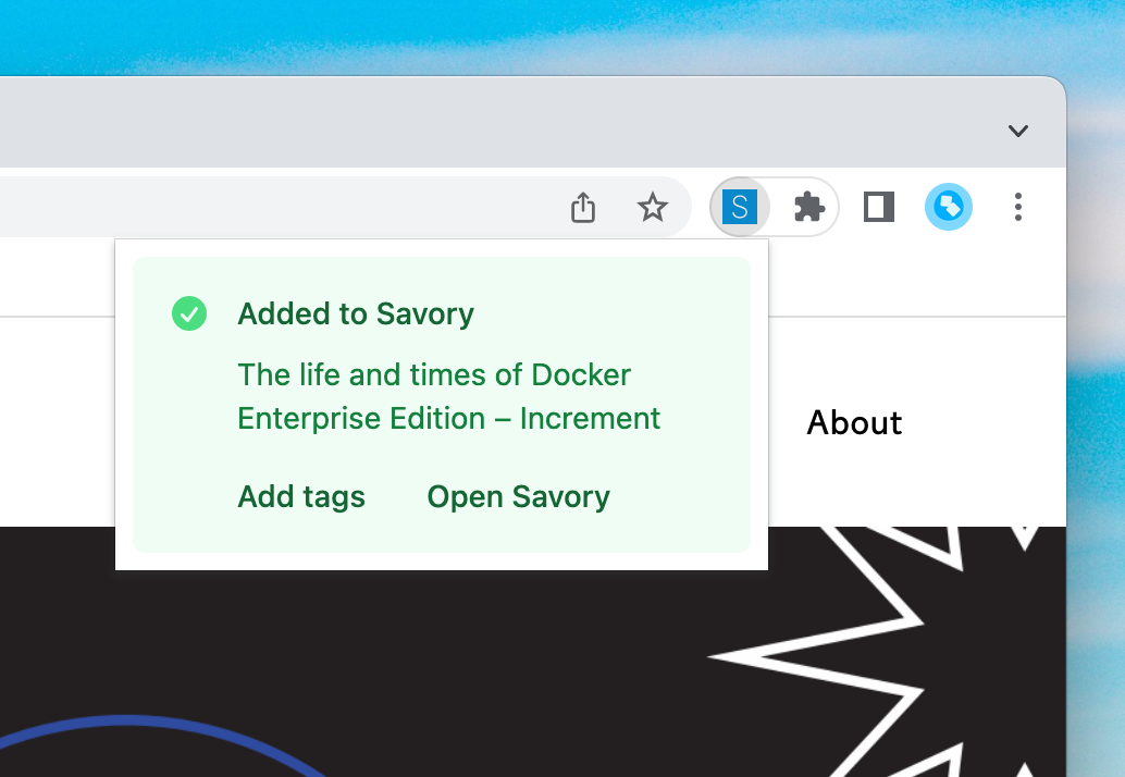 Savory extension popup after clicking the Savory icon in the toolbar.