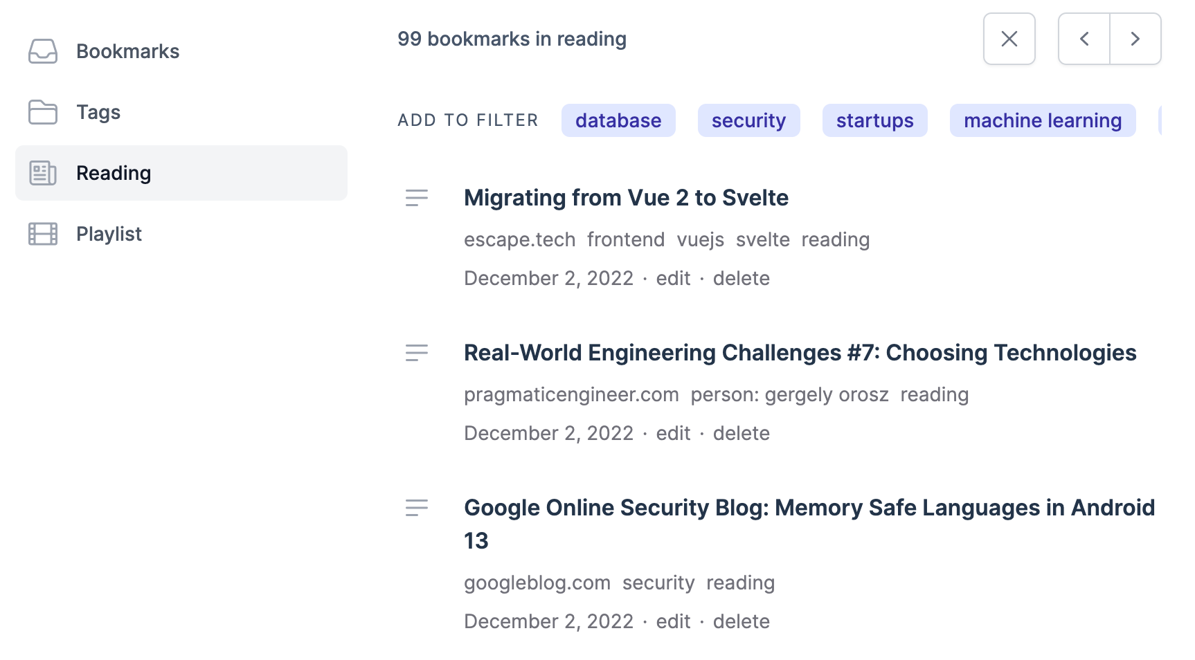 A screenshot of the reading list view in Savory